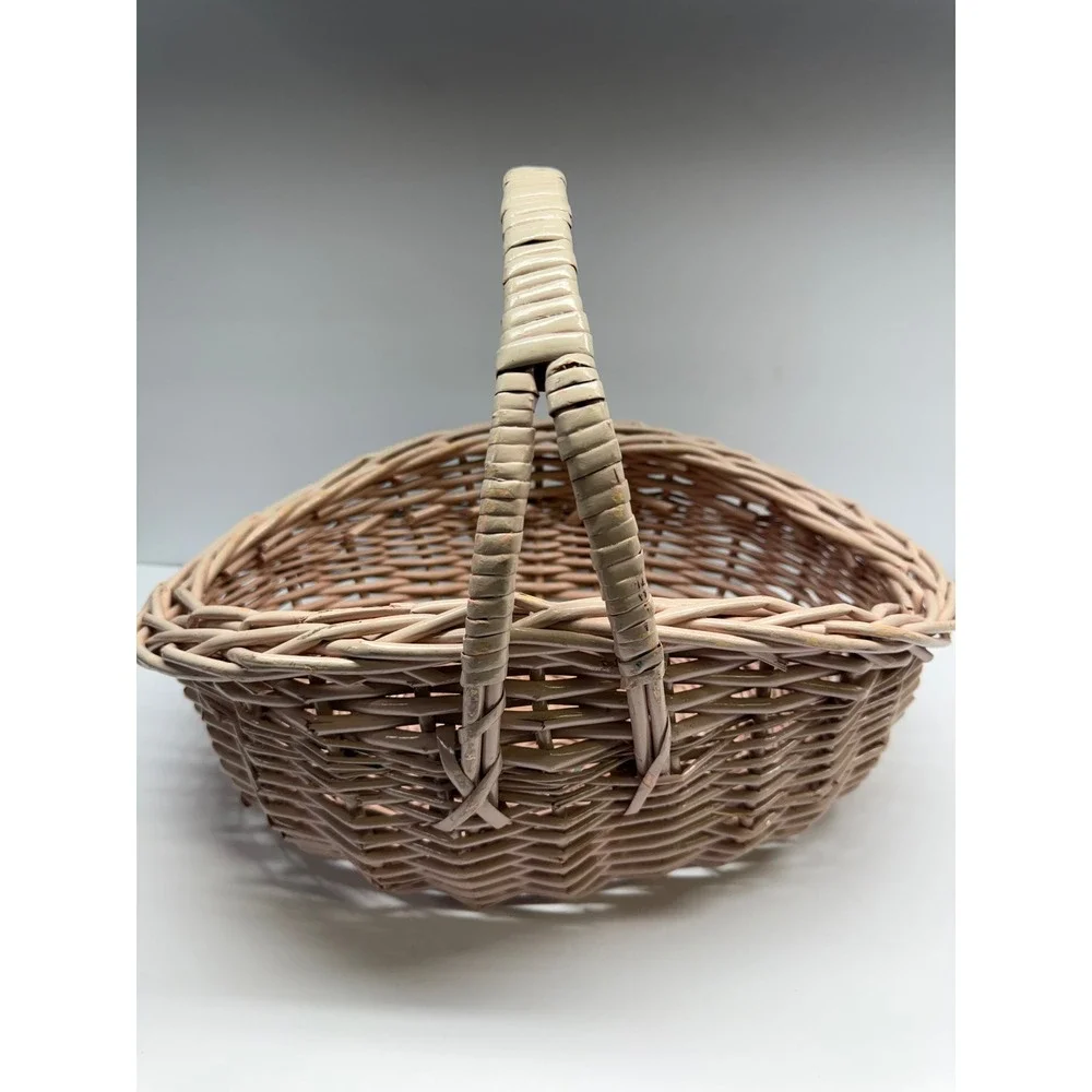 Vintage Pink Wicker Basket Oval Woven Easter Gift Basket with Handle 16 Inch